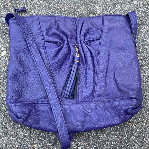 Empress, Vintage Purple Embossed Leather Shoulder Bag, Ruching & Tassel Accent - Picture 3 of 15